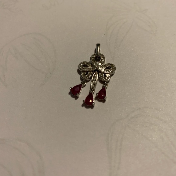 - 14k W Gold diamond/ ruby drops pendant Estate - Picture 5 of 7